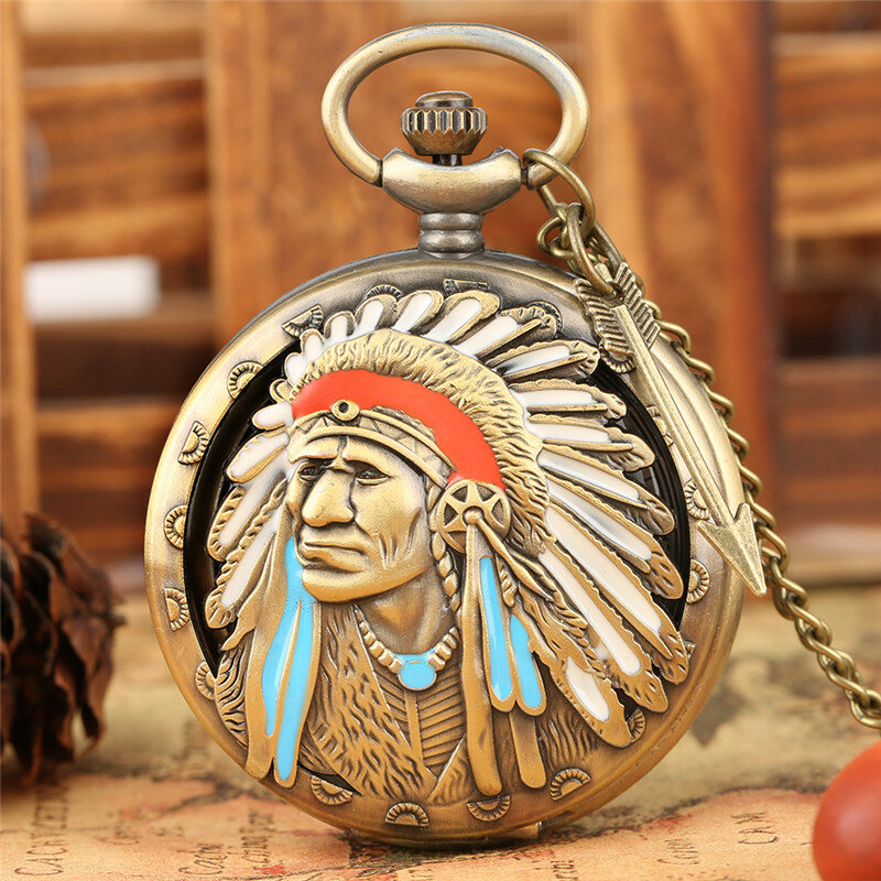Old Fashion Indian Man Design Arabic Number Quartz Pocket Watch for Men Women Necklace Chain Pendant Arrow Gadget Reloj
