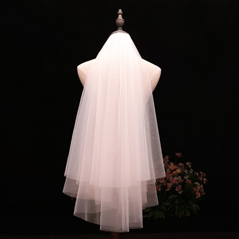 2 lapisan kerudung pengantin pernikahan sederhana potong tepi putih tipis kain Tule kerudung untuk pengantin pengiring pengantin siku panjang pendek