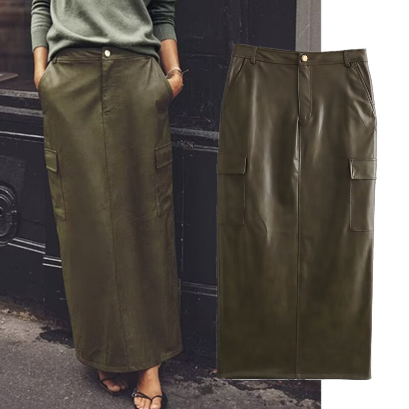 Dave & Di francuskie biuro damskie elegancka spódnica Vintage prosta moda wojskowa zielona spódnica Midi z wysokim stanem kobiet