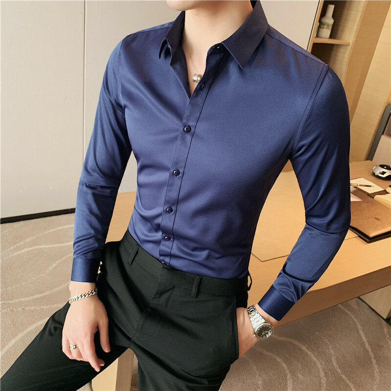 Camisas de manga comprida para homens, roupa formal de negócios, vestuário social, chemise slim fit, masculino, 2022