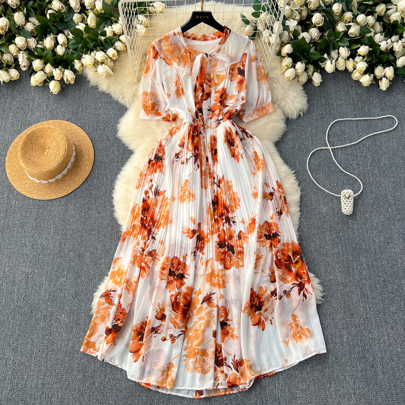 French Vintage Elegant Puff Short Sleeve Lapel  Print  Dress Vacation Dress Women Fashion Summer Spring Vestidos