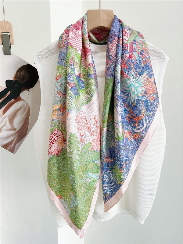 Bufandas de seda natural para mujer, Foulard de lujo con estampado de doble cara, color rosa, diseño de marca, moda de primavera