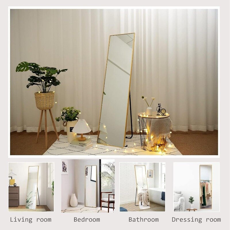 Espejo rectangular grande de longitud completa para sala de estar, Marco delgado de aleación de aluminio, montado en la pared, 59 "x 16", dorado
