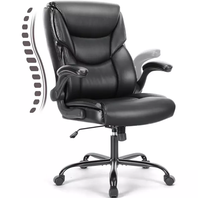 Cadeiras de escritório de couro com rodas, encosto alto executivo, grande e alto, apoio lombar flip, altura ajustável, acolchoado macio, preto