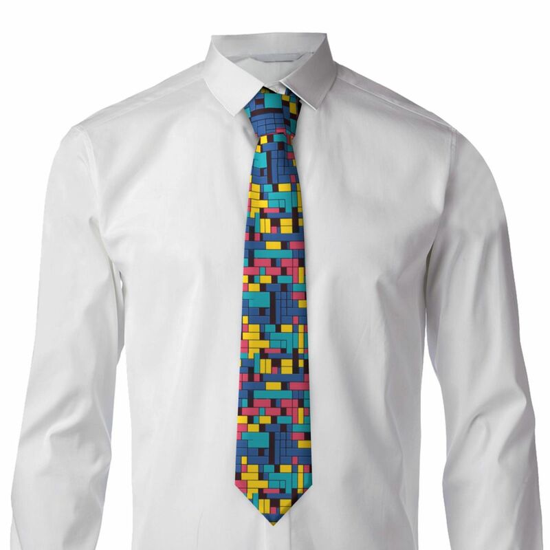 Abstrakcyjny krawat kolorowe bloki z ozdobnym wzorem elegancka krawaty dla mężczyzn kobiet wysokiej jakości wywinięty kołnierz akcesoria do krawatów