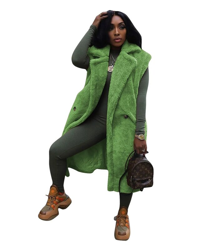 VOLALO 여성용 모피 테디 질렛, 겨울 테디 베어 롱 재킷, 라펠 인조 양모 겉옷, 가짜 양 모피 조끼, 질레트 코트