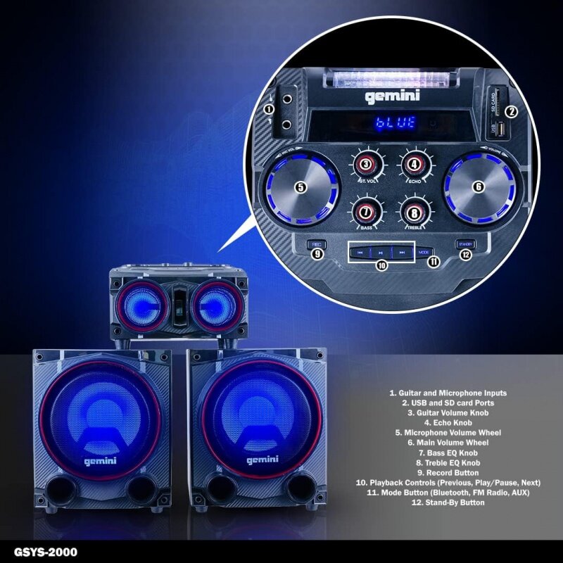 Gemini Sound GSYS-2000 Bluetooth LED Party Light Stéréo System et Home Cinéma Audio System avec 2000W Watts Bookshelf Speakers