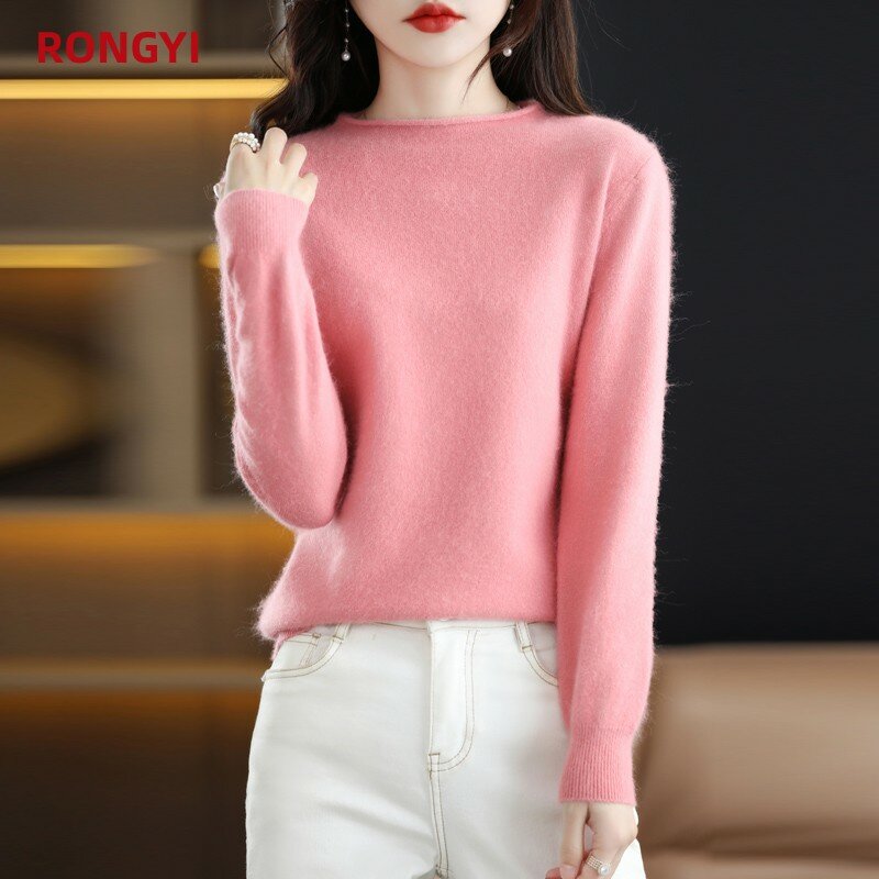 RONGYI jesień i zima 100% norek z kaszmiru sweter damski sweter z okrągłym dekoltem koreański jednokolorowe w stylu basic koszula duży rozmiar gruby luźny Top
