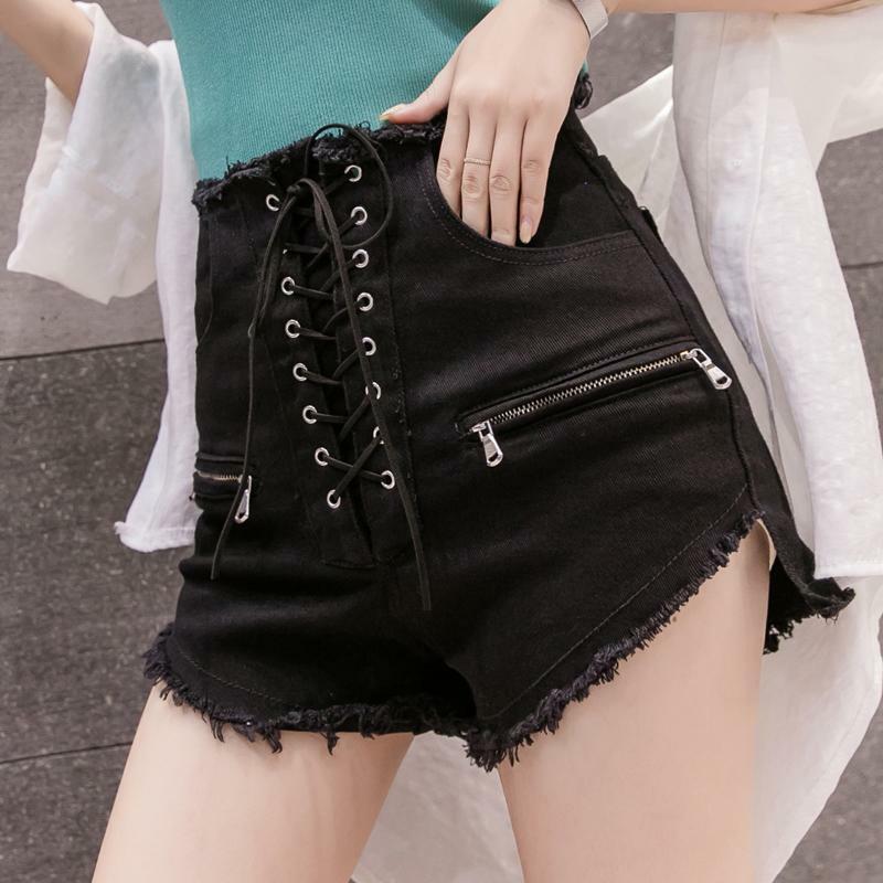 Sommer neue Mode Reiß verschluss sexy Shorts mit hoher Taille weiblich schwarz weiß Streetwear Schnürung Denim Shorts