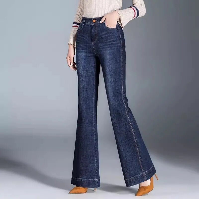 Jesienno-zimowe nowe koreańskie spodnie Flare damskie z wysokim stanem dżinsy z szeroką nogawką duże spodnie jeansowe Temperament