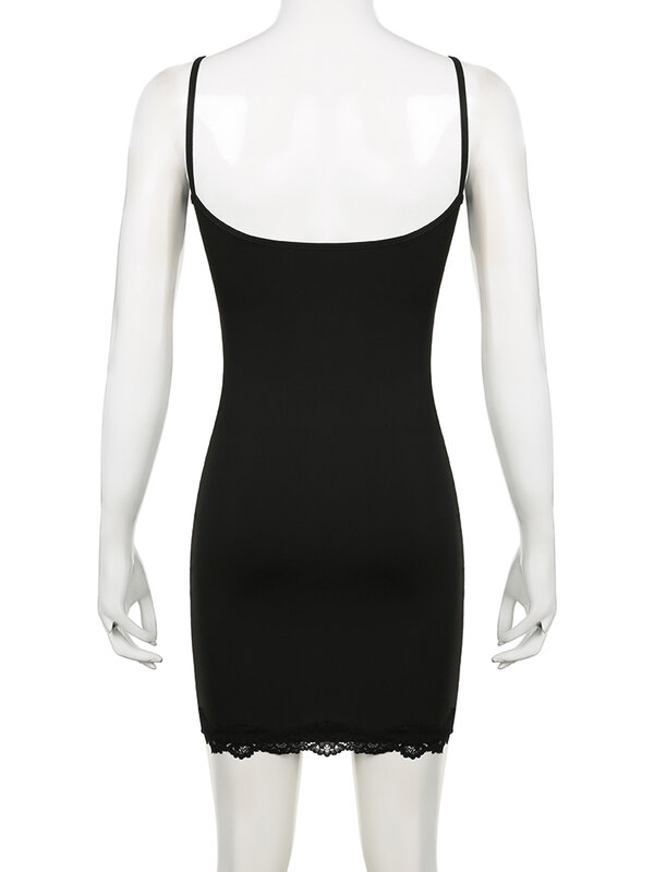 IAMSURE gaun Mini tanpa lengan wanita, gaun Bodycon Trim renda Solid ramping leher Slash untuk Musim Panas 2024