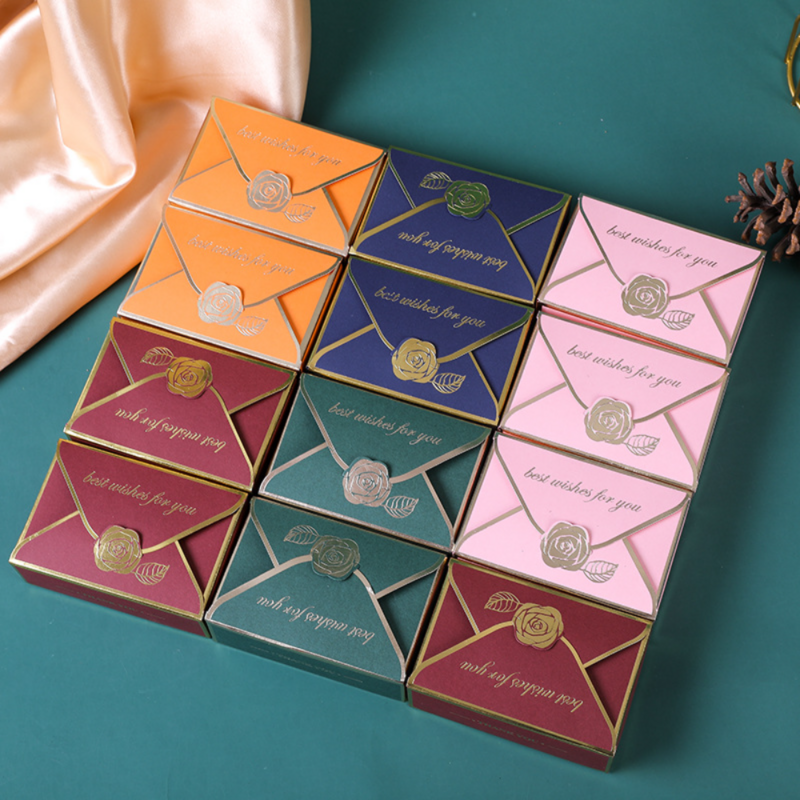 Gold Stamp Envelop Gift Box, Adequado para Doces, Biscoito, Chocolate, Macaroon, Embalagem de Presente de Casamento, Vermelho, Rosa, Papel Azul, 14,5x14,5x8cm, 1Pc