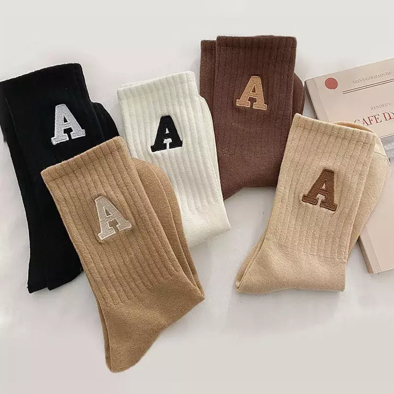 Women's Warm Socks Kawaii Letter A Ladies Socks Autumn Winter Korean Style Fashion Solid Color Harajuku Unisex Calcetines Meias