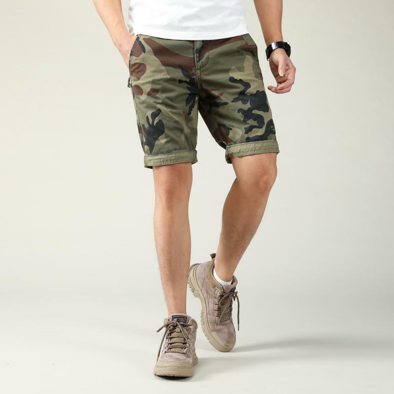 Celana pendek kasual musim panas pria, celana pendek kargo kamuflase militer gaya Safari katun Retro longgar modis