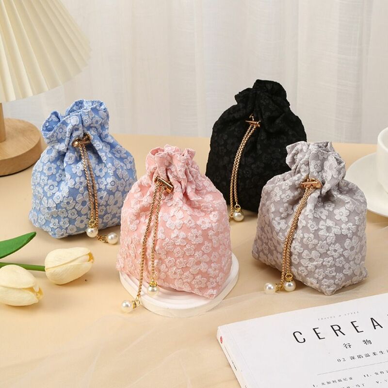 Pearl Flower Drawstring Bag Elegant Chain Large Capacity Festive Sugar Bag Korean Style Storage Bag Wedding Bucket Bag Outdoor