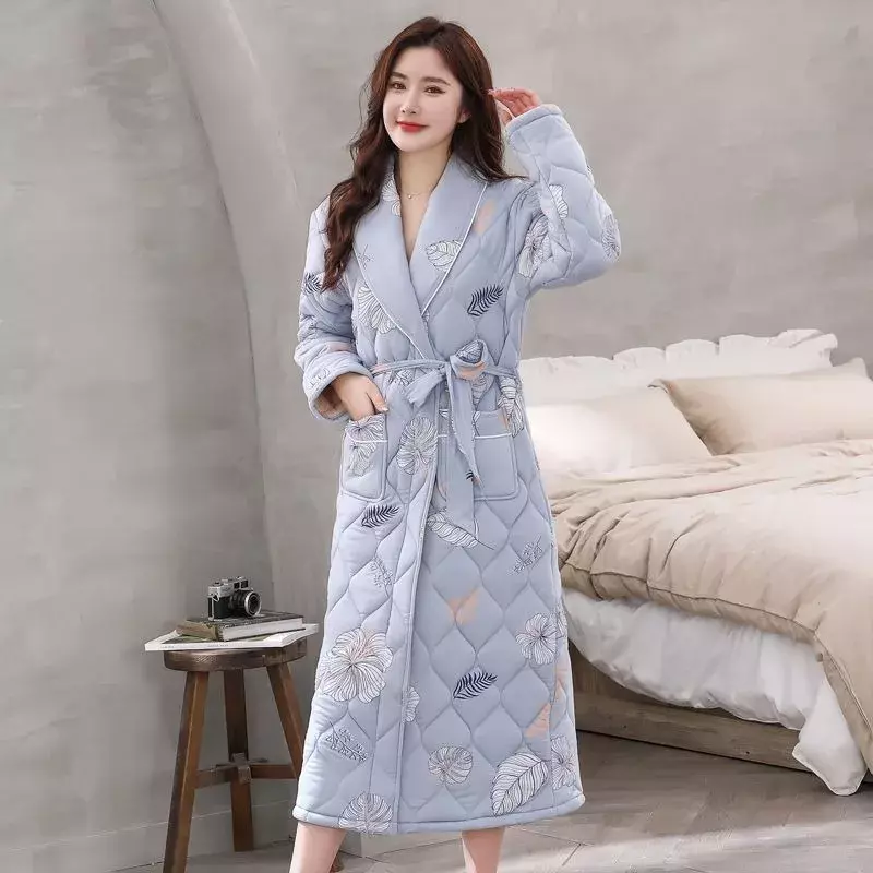 Piyama wanita, Gaun ganti baru musim dingin 2024 jubah katun murni tiga lapis jaket katun Set pakaian tidur panjang tebal