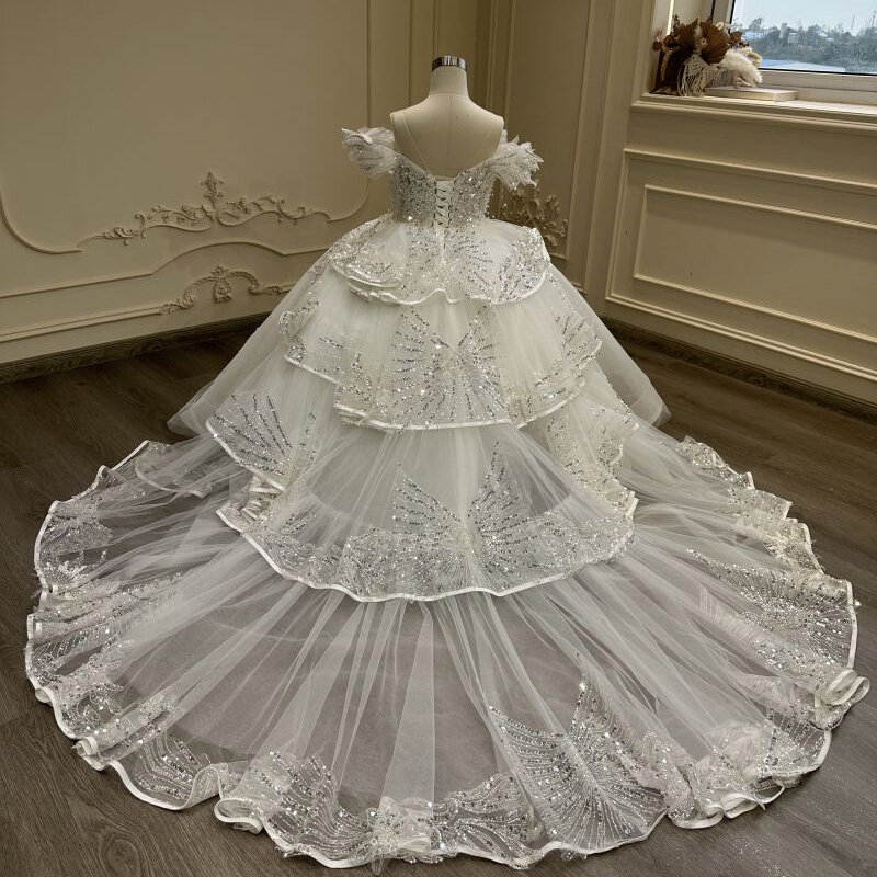 Vestido de noiva branco para crianças, cauda bonito e lindo