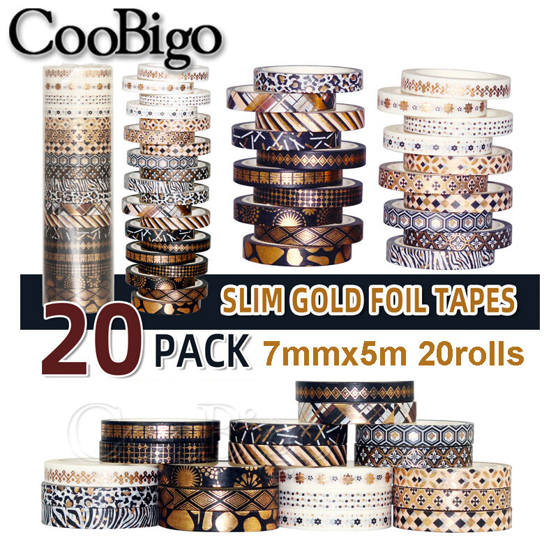 20Rolls/Set Black Gold Washi Tape Slim Foil Masking Tapes Decorative Sticker Adhesive Tape DIY Scrapbooking Planner Stationery