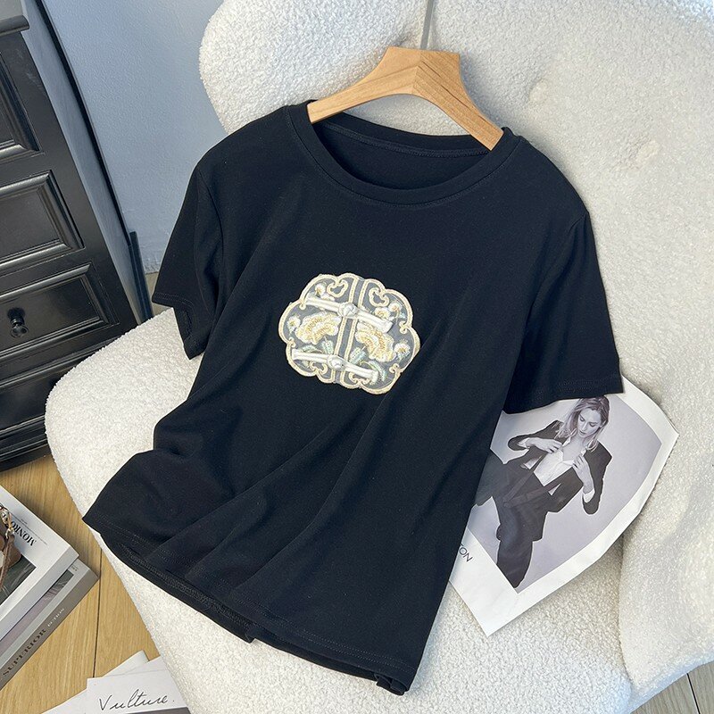 Camiseta bordada com decote em o estilo chinês feminino, camiseta de mangas curtas, moda casual, retalhos de verão, novo, 2024