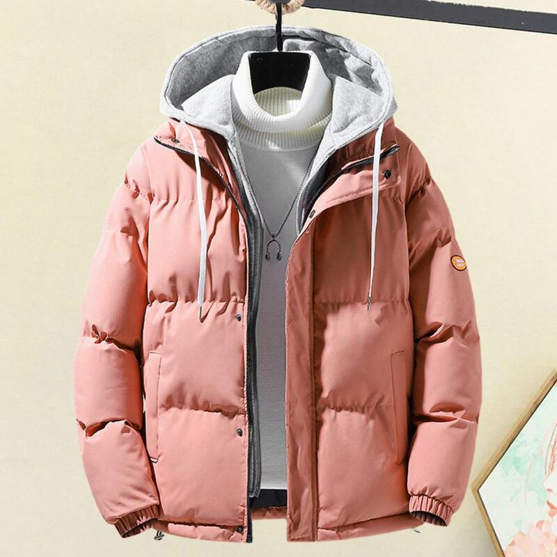Men Autumn Winter Hooded Long Sleeve Coat Fake Two Pieces Pockets Zipper Placket Jacket Windproof Thickened Cotton Outwear