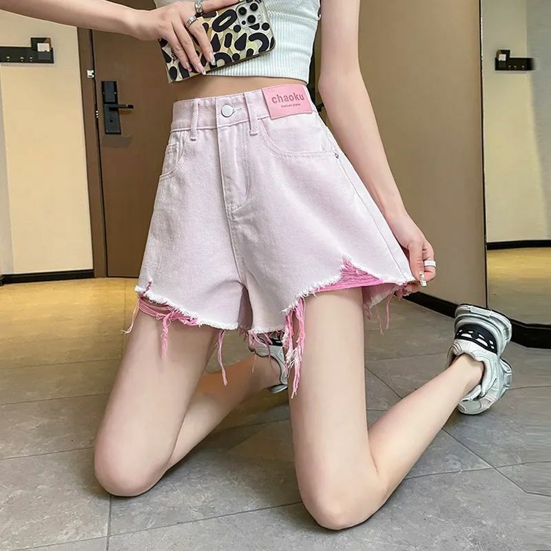 Perforated Denim Shorts for Women Spring/Summer 2023 New Spicy Girls High Waist Slim A-line Loose Wide Leg Hot Pants