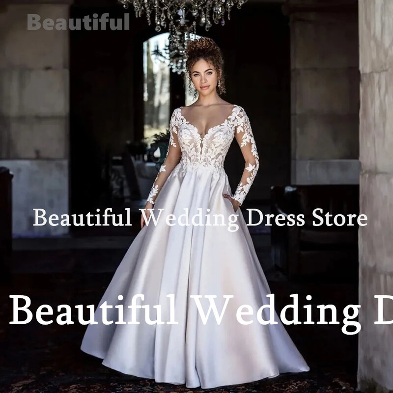 Elegant Wedding Dresses Women V-Neck Long Sleeves Lace Appliques A-Line Satin New Vestidos de novia 2024 Wedding Party Dress