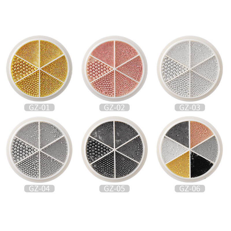 Set 6 jenis manik-manik logam campuran untuk dekorasi kuku, manik-manik kaviar kuku 0,8-1,5 mm untuk desain 3D dan perhiasan