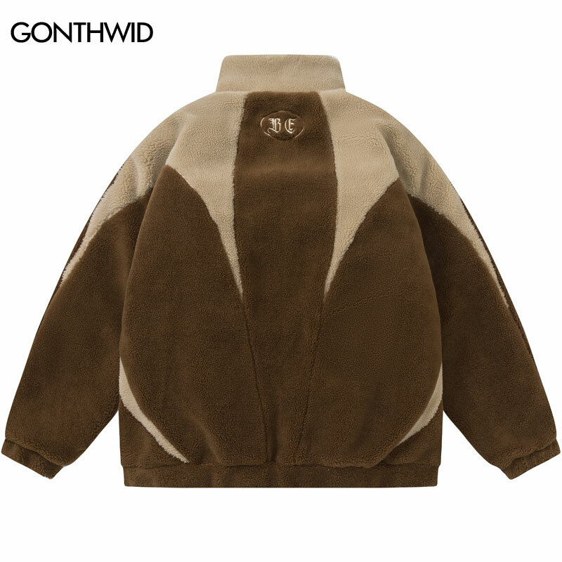 Jaket Mewah Musim Dingin Parka Streetwear Blok Warna Antik Bulu Domba Lembut Berbulu Mantel Wol Tebal Jaket Empuk Hangat