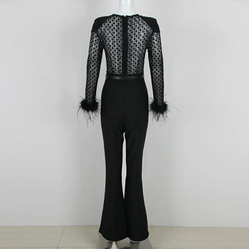 2024 Spring New Fashion Sexy Lace Sequin Feather Bandage jumpsuit Women's Sexy Celebrity Club Party jumpsuit Wholesale
