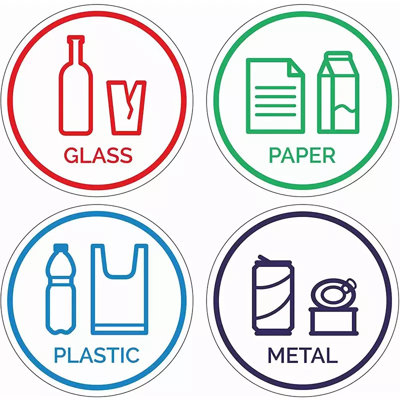 Decoración de advertencia de papel de vidrio y letreros de plástico, pegatinas y accesorios, etiqueta de reciclaje adhesiva de PVC, calcomanía orgánica para cubo de basura