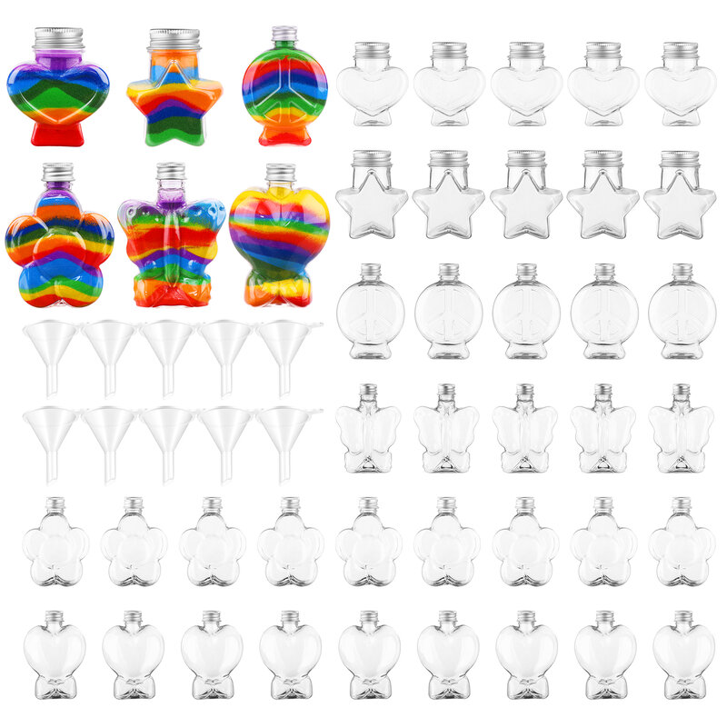 Garrafas De Plástico Em Forma De Coração, Kit DIY Garrafa De Areia Colorida, Garrafas De Arte Em Areia Em Forma De Flor, 60Pcs