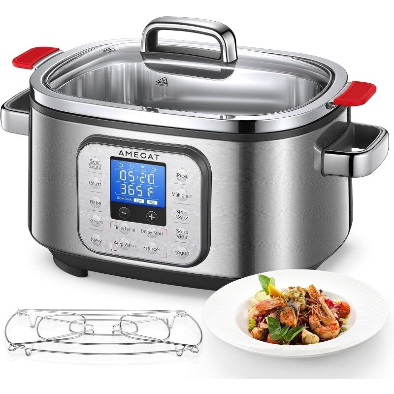 10-in-1 Programmable Slow Cooker 6 Quart with Stainless Steel Pot, Glass Lid, Steaming Rack, and LED Display