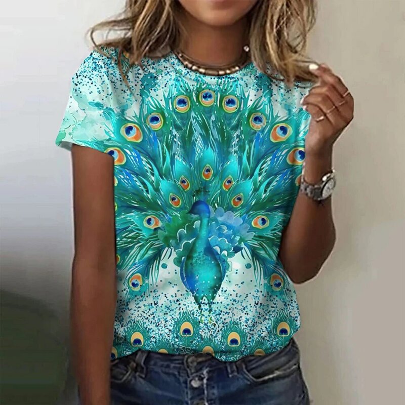 Damska koszulka z krótkim rękawem i okrągłym dekoltem, letnia casual, pawie pióra z nadrukiem 3D, odzież uliczna, modna
