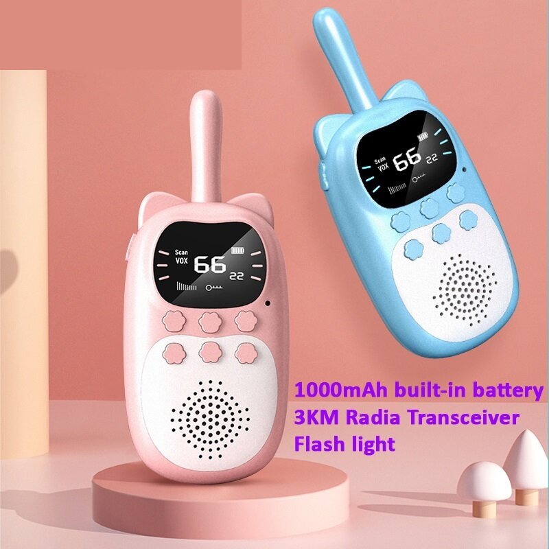 Recarregável Handheld Walkie Talkie para crianças, 1000mAh, 0.5W, 3km, Transceptor de rádio, Interphone, Brinquedos infantis, presente original, novo, 2 pcs por caixa