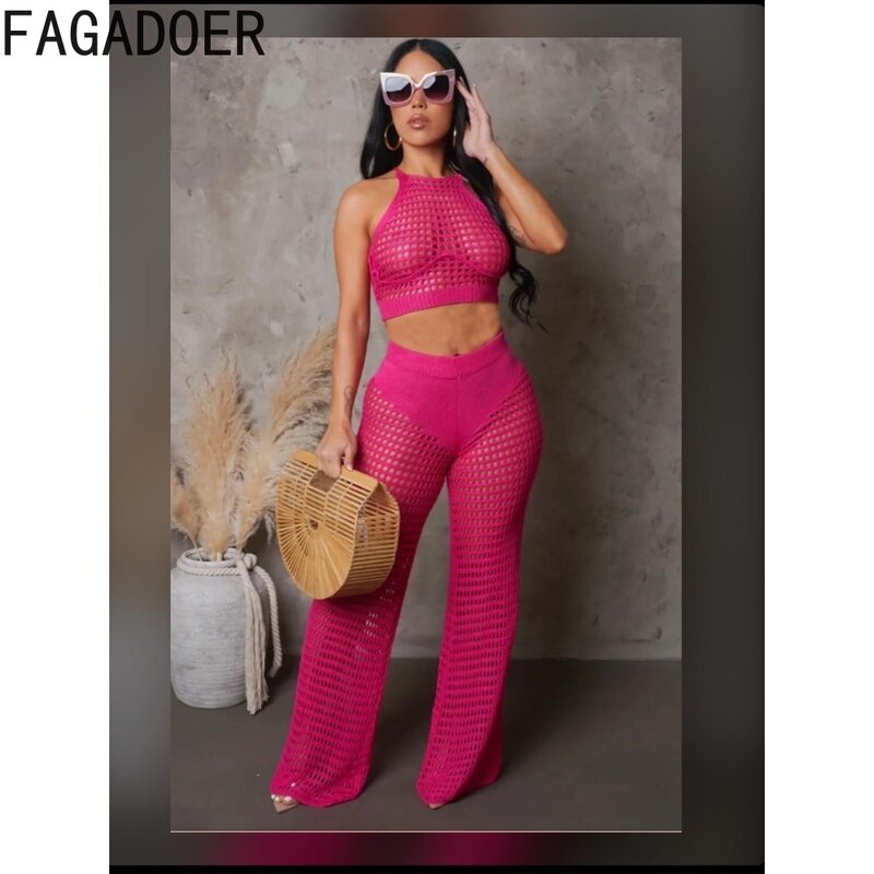 FAGADOER Rose Red Sexy Hollow Out Knitting Two Piece Sets Women Round Neck Sleeveless Crop Top And Pants Outfits Female Clothing
