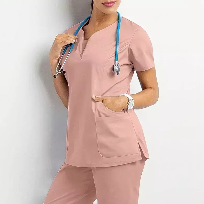 간호사 여성 캐주얼 반팔 의류 탑, 약국 작업 의료 병원 의사 간호 유니폼, V넥 조거