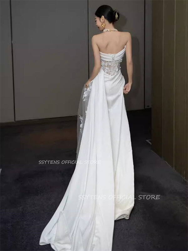 Seksowna satyna jedwabna koreańska suknie ślubne syrenka bez ramiączek sukienka na formalną imprezę aplikacje koronkowe z wysokim rozciętym odcinkiem niestandardowa suknia ślubna