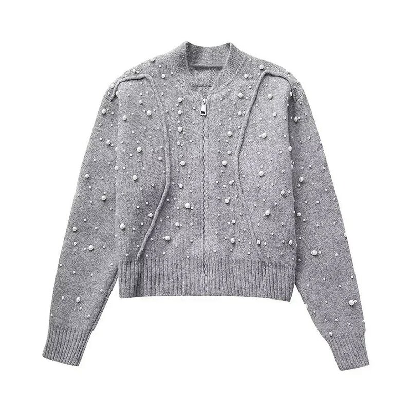 2023 Autumn New Women Fashion Faux Pearl Grey Front Zipper Bomber Jackets Vintage O-Neck Long Sleeves Female Coat