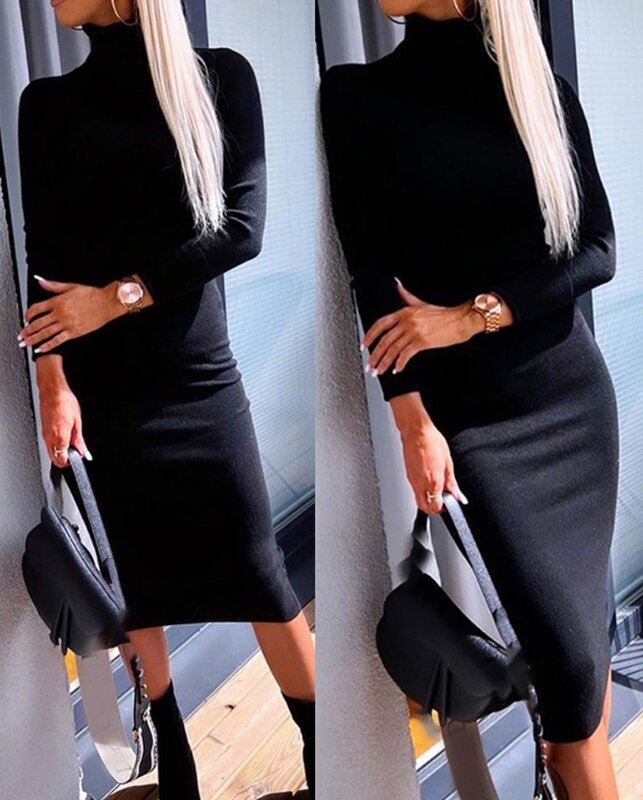 Fashion Casual Dresses for Women 2023 Autumn High Neck Knit Long Sleeve Elegant Commuting Style Bodycon Sweater Dress