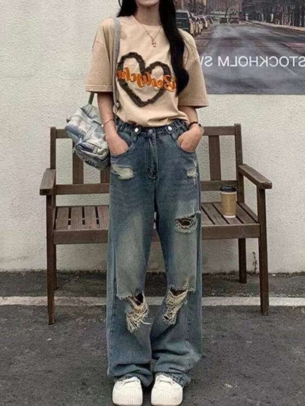 American Style Ripped Straight Leg Jeans For Women High Waist Design In Summer Loose High Street Wide Leg Pants