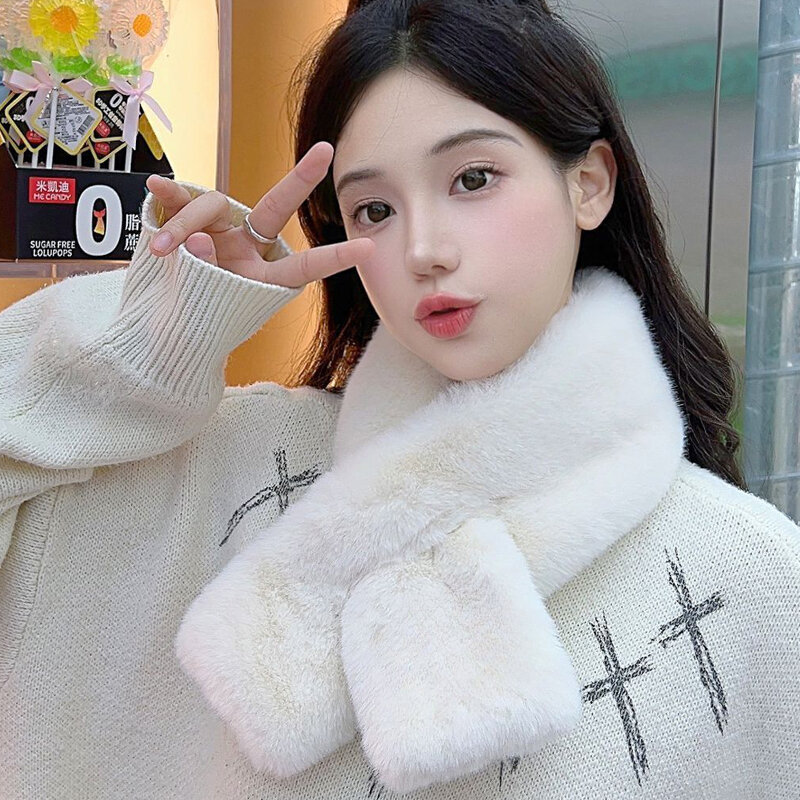 Women Winter Warm Thicken Scarf Solid Color Plush Cross Collar Faux Rabbit Fur Scarf Fashion Elegant Warm Soft Comfortable Scarf