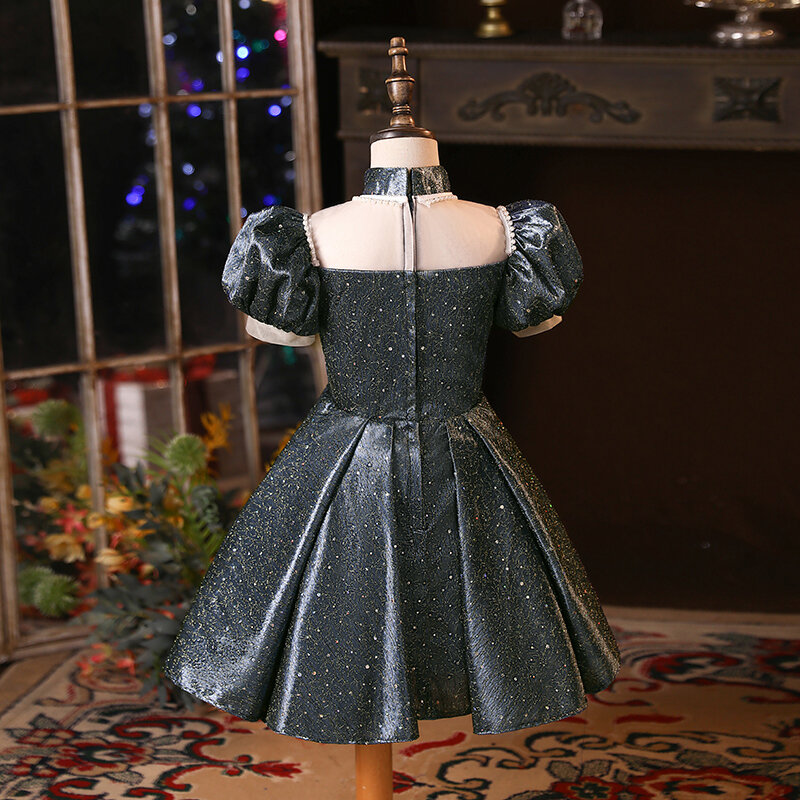 Платье детское вечернее длиной до щиколотки с буффами на рукавах и круглым вырезом