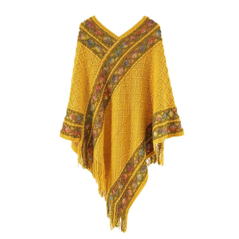 Damen Retro Pullover Quaste Schal Retro ethnischen Stil Quaste Mantel tragen Umhang gestrickt Cape Yunnan Pullover Schal Outwear Tou F9W5