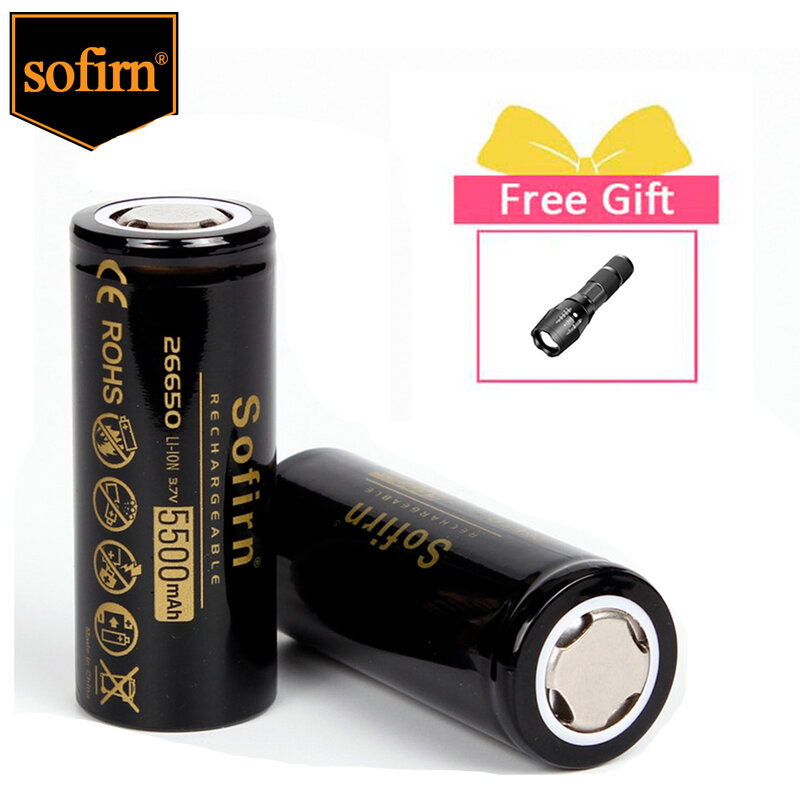 Bateria Recarregável Sofirn Flat ou Top, Giveaway Lanterna, Alta Capacidade, Alta Potência, SM12, 26650, 5500mAh, 3.7V