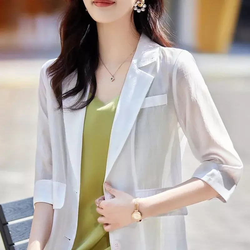 Blazer feminino de botão de cor sólida, blazers coreanos soltos emendados, tops casuais novos, roupas de senhora do escritório, moda verão, N183