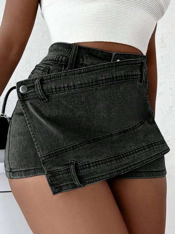 Women Fashion Denim Mini Skort Street Wrap Stretch Irregular A-Line Skinny Cargo Jean Shorts