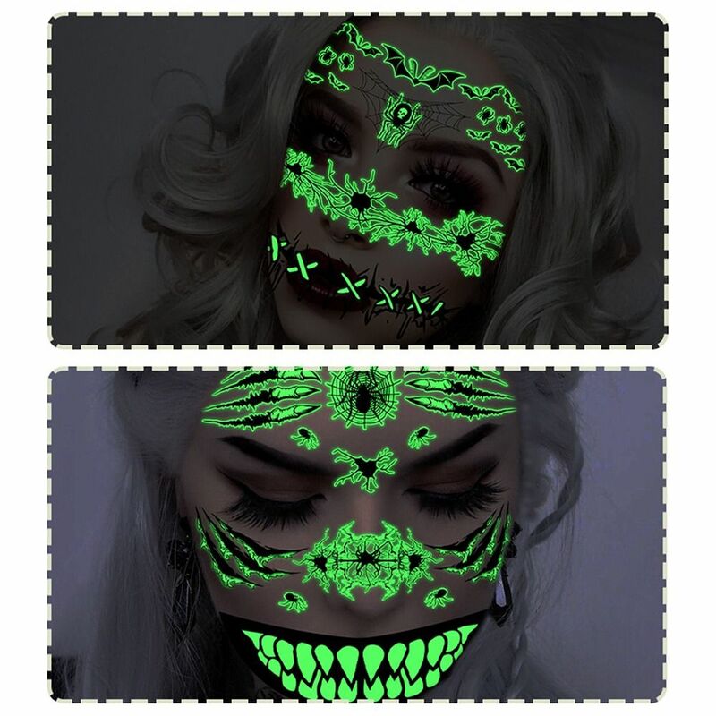 Adesivo de rosto luminoso de Halloween para meninas, adesivo de rosto de duas cores, cicatriz do festival fantasma, maquiagem