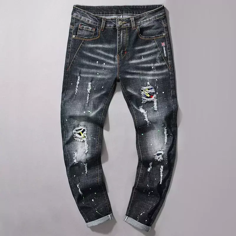 Calças justas com elástico masculinas, jeans perfurado na moda, jeans casual de perna reta, moda primavera e outono, nova, 2024