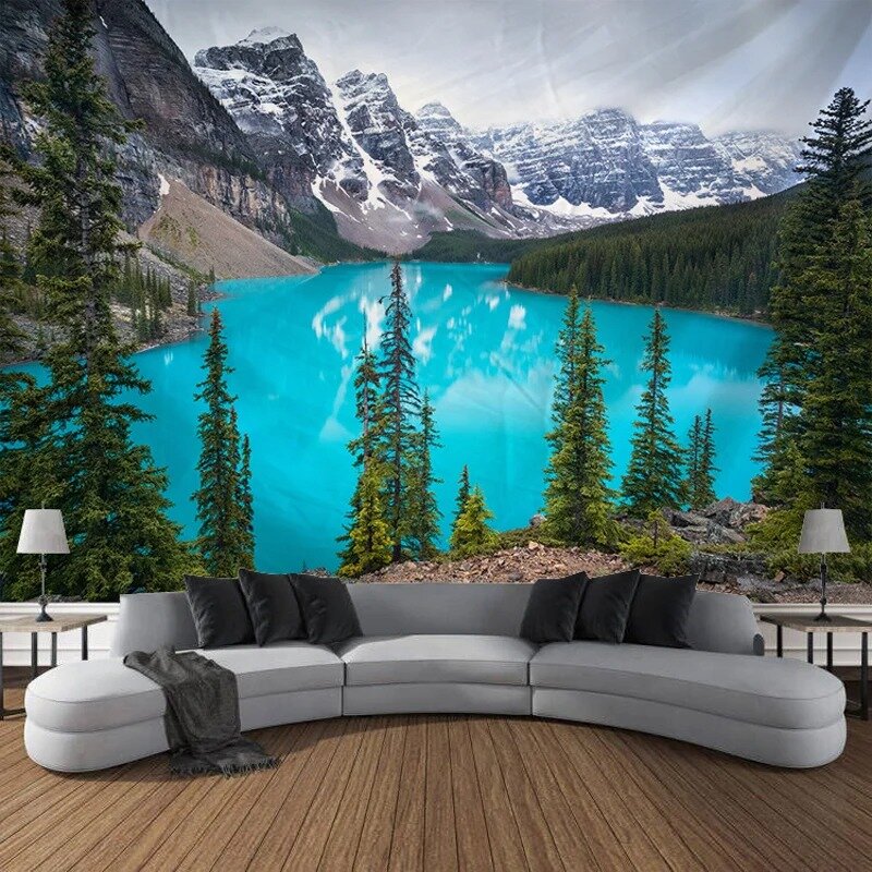 Tapisserie murale de montagnes naturelles, lac, arbre de conifères, paysage, tenture murale, chambre à coucher, salon, décoration de la maison