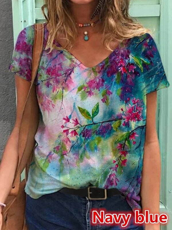 女性のための抽象的な花柄の半袖Tシャツ,ファッショナブルな夏の女性のVネックのルーズコットントップス2023